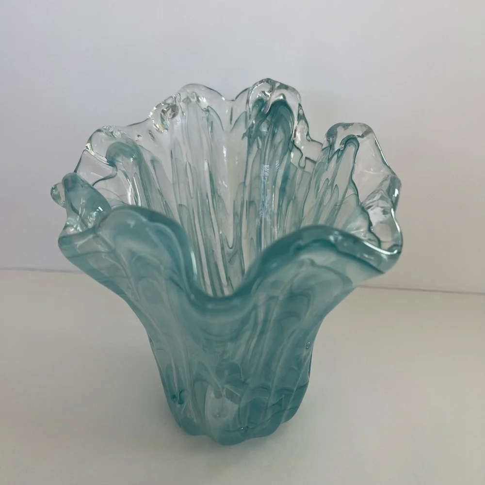 Murano Hand Blown Italian Glass Vase. Blue / Clear. Water Vase. Made In Italy - Picture 2 of 11